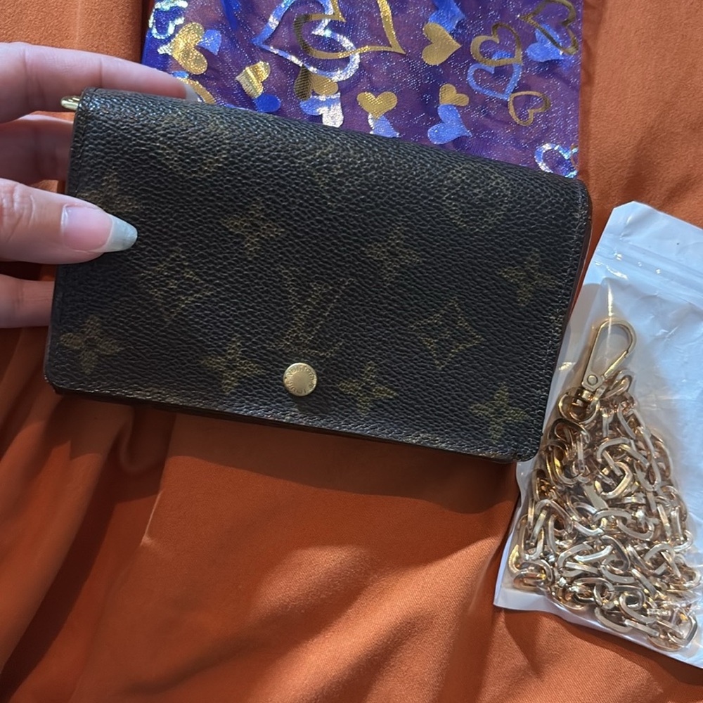 Authentic Louis Vuitton Black and Brown Monogram Wallet with unbranded chain